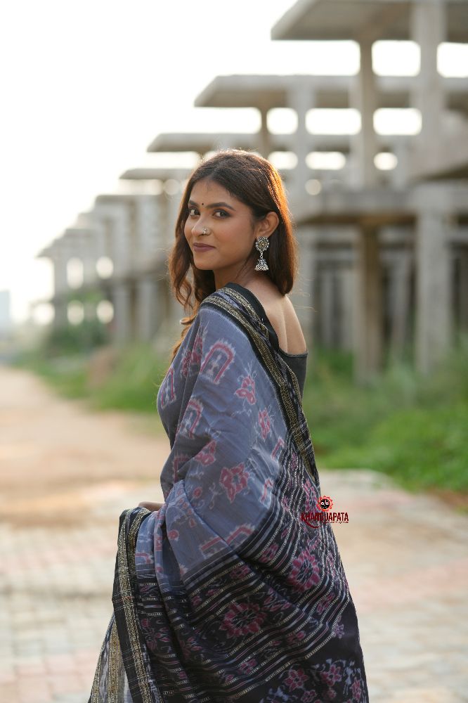 khanduapata Black & Grey Body Design Cotton Saree For Women | Grocsy