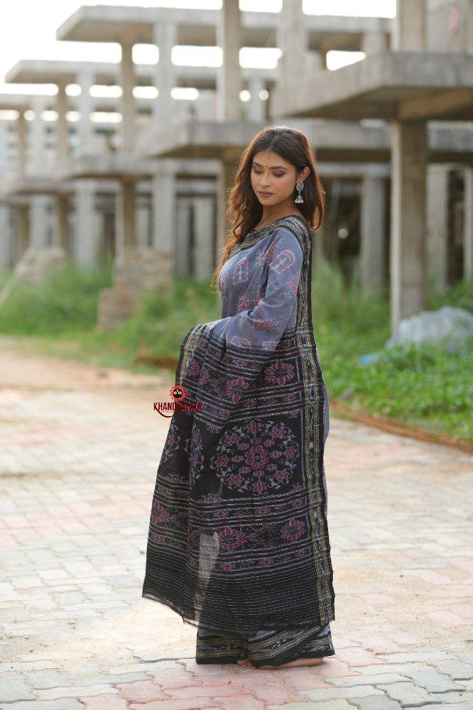 khanduapata Black & Grey Body Design Cotton Saree For Women | Grocsy