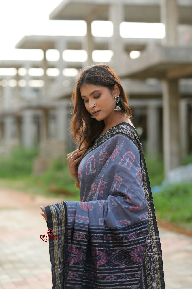 khanduapata Black & Grey Body Design Cotton Saree For Women | Grocsy