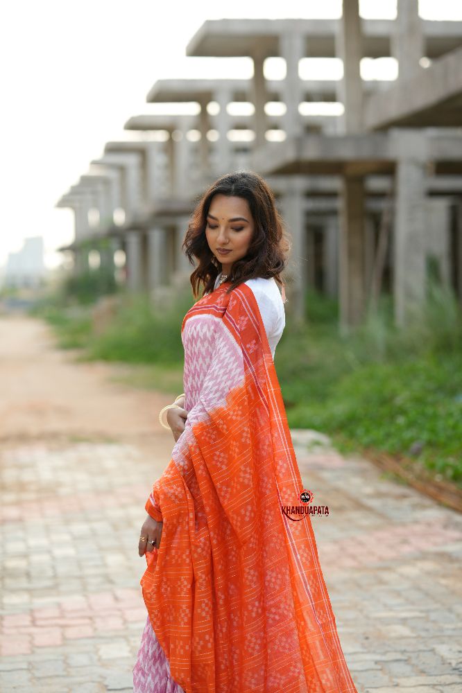 khanduapata Orange & Pink Border Pasapali Design Cotton Saree For Women | Grocsy