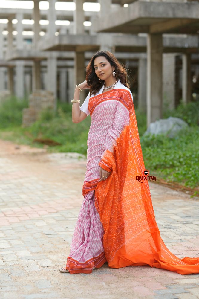khanduapata Orange & Pink Border Pasapali Design Cotton Saree For Women | Grocsy