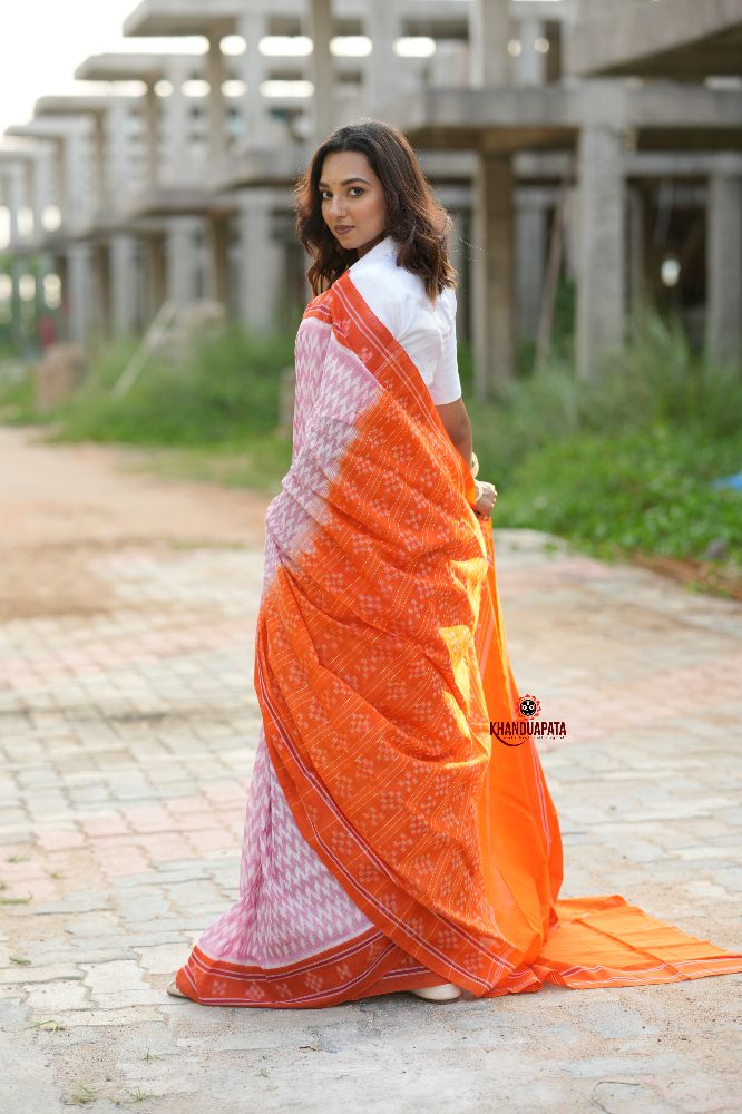 khanduapata Orange & Pink Border Pasapali Design Cotton Saree For Women | Grocsy