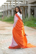 khanduapata Orange & Pink Border Pasapali Design Cotton Saree For Women | Grocsy