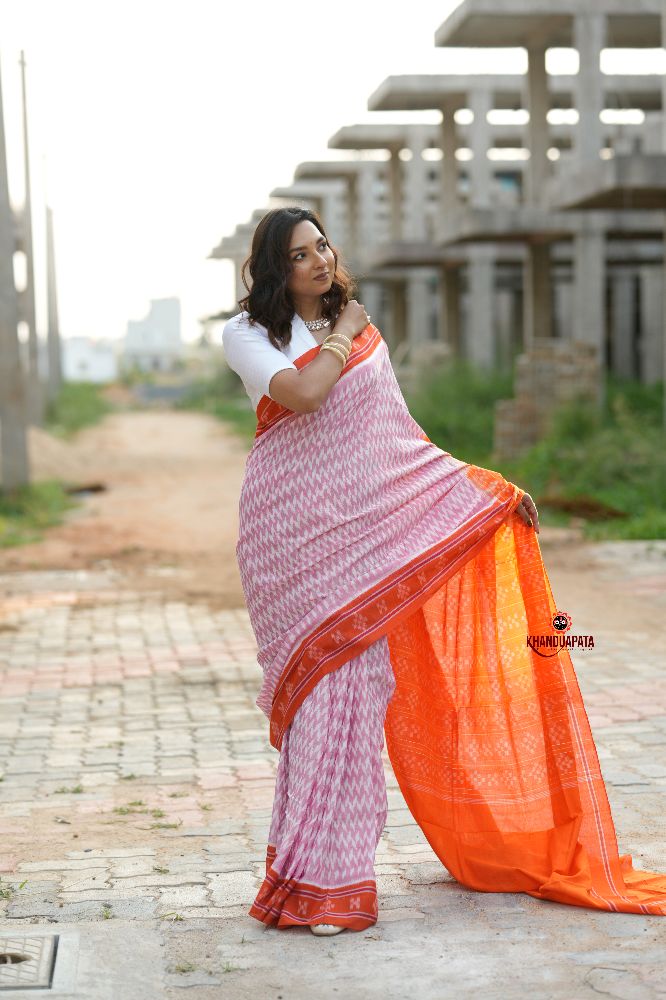 khanduapata Orange & Pink Border Pasapali Design Cotton Saree For Women | Grocsy