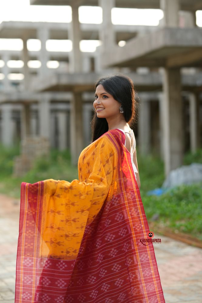 khanduapata Red & Yellow Doll Design Cotton Saree For Women | Grocsy