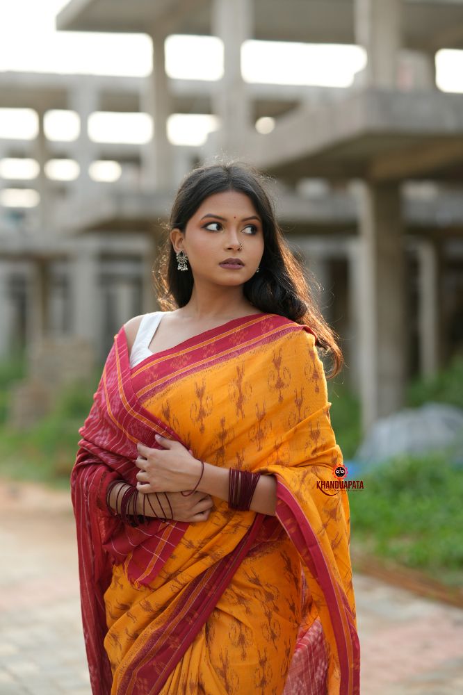 khanduapata Red & Yellow Doll Design Cotton Saree For Women | Grocsy