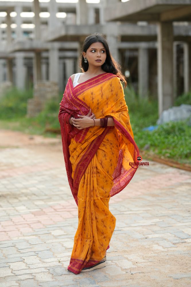 khanduapata Red & Yellow Doll Design Cotton Saree For Women | Grocsy