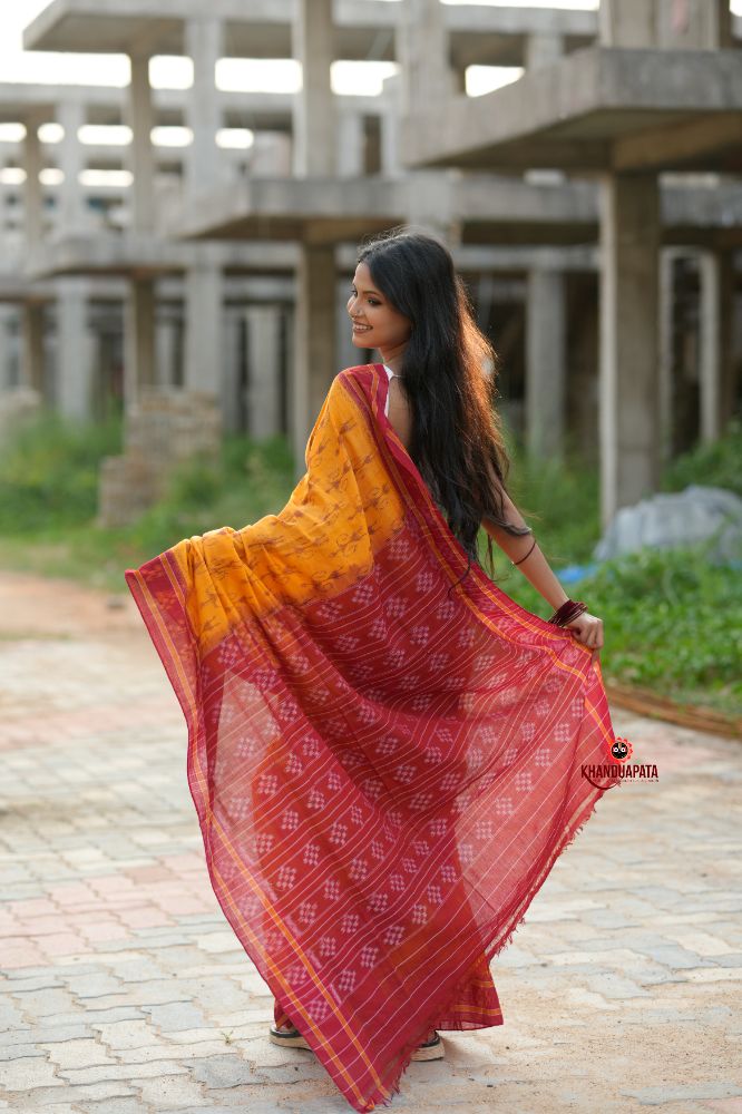 khanduapata Red & Yellow Doll Design Cotton Saree For Women | Grocsy