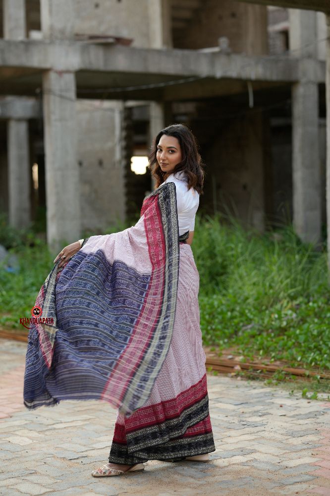 khanduapata White & Red Colour Dot Design Cotton Saree For Women | Grocsy