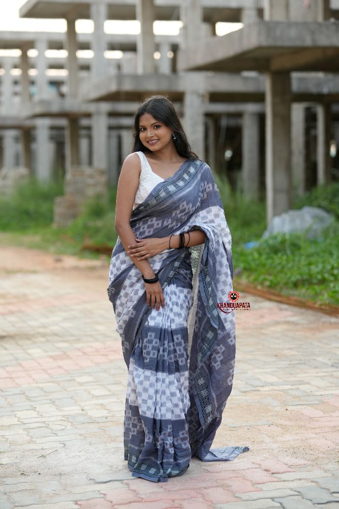 khanduapata Grey & White Body Design Cotton Saree For Women | Grocsy