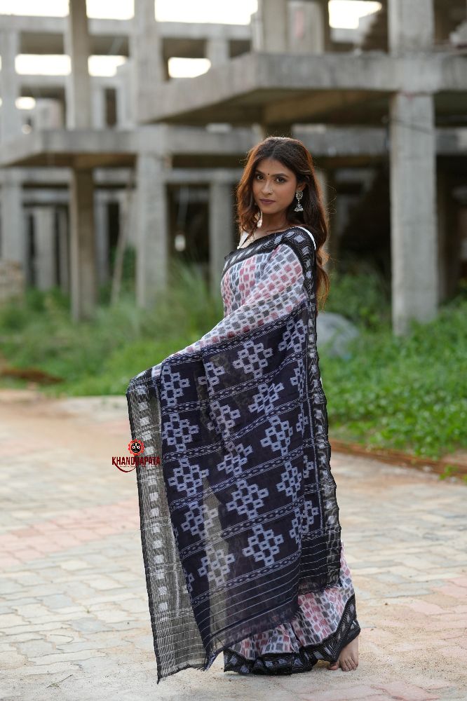 khanduapata White & Black Multi Colour Box Design Cotton Saree For Women | Grocsy
