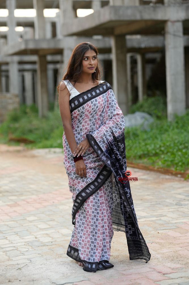 khanduapata White & Black Multi Colour Box Design Cotton Saree For Women | Grocsy