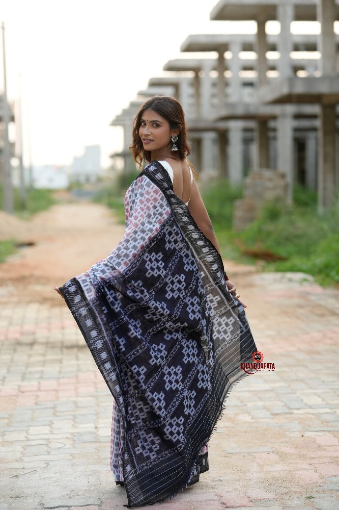 khanduapata White & Black Multi Colour Box Design Cotton Saree For Women | Grocsy