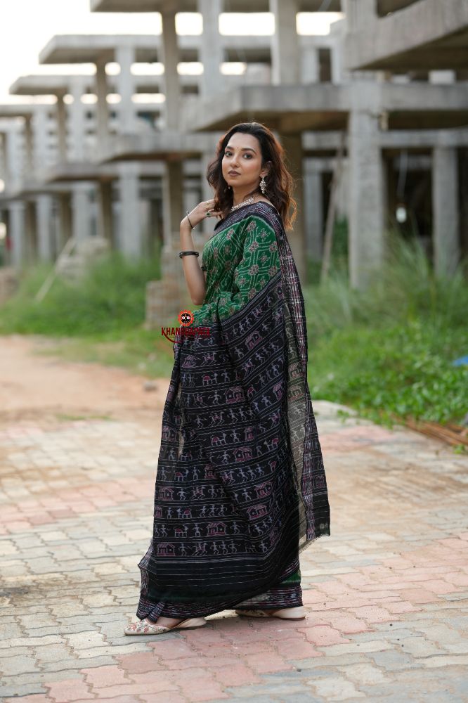 khanduapata Black & Green Body Design Cotton Saree For Women | Grocsy