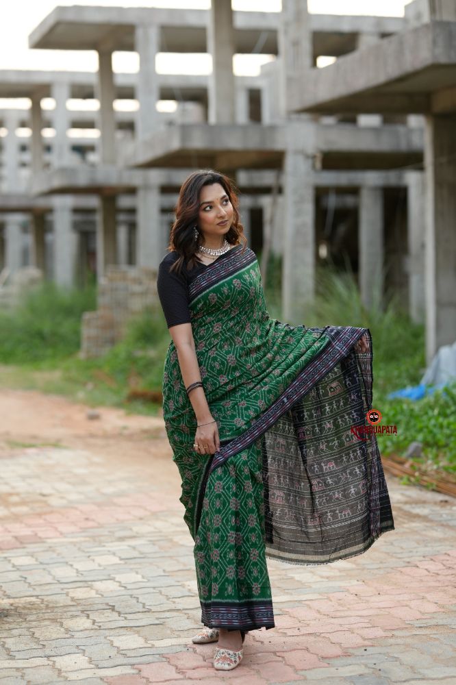 khanduapata Black & Green Body Design Cotton Saree For Women | Grocsy