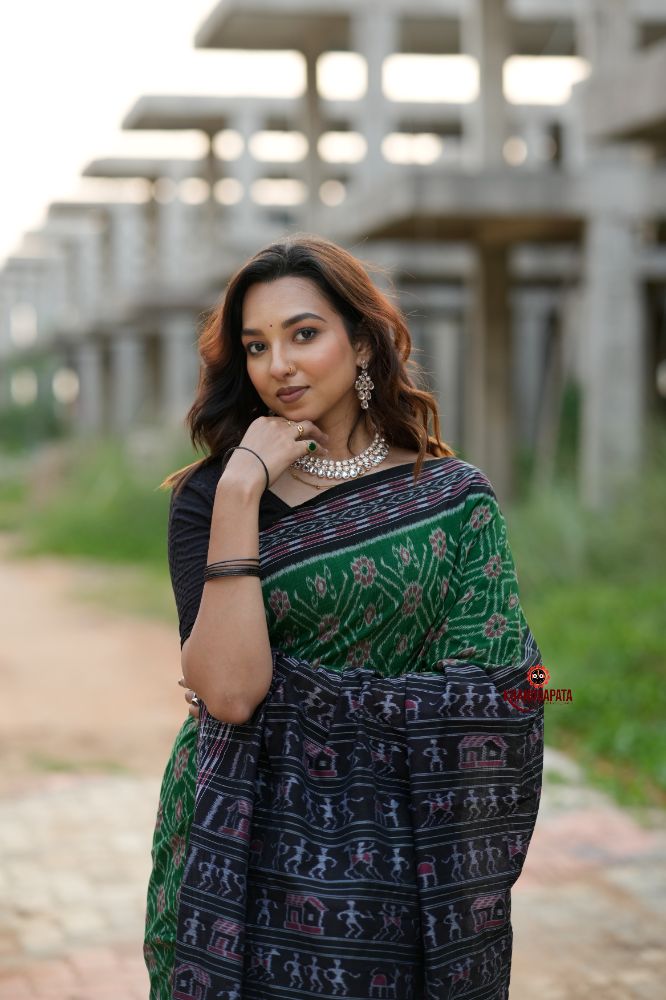 khanduapata Black & Green Body Design Cotton Saree For Women | Grocsy