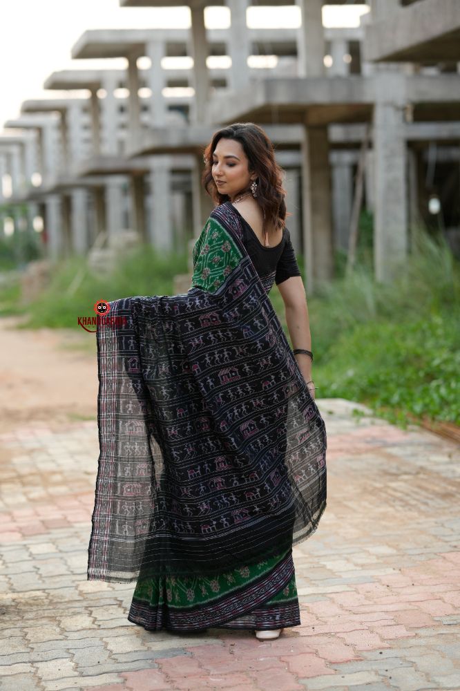 khanduapata Black & Green Body Design Cotton Saree For Women | Grocsy