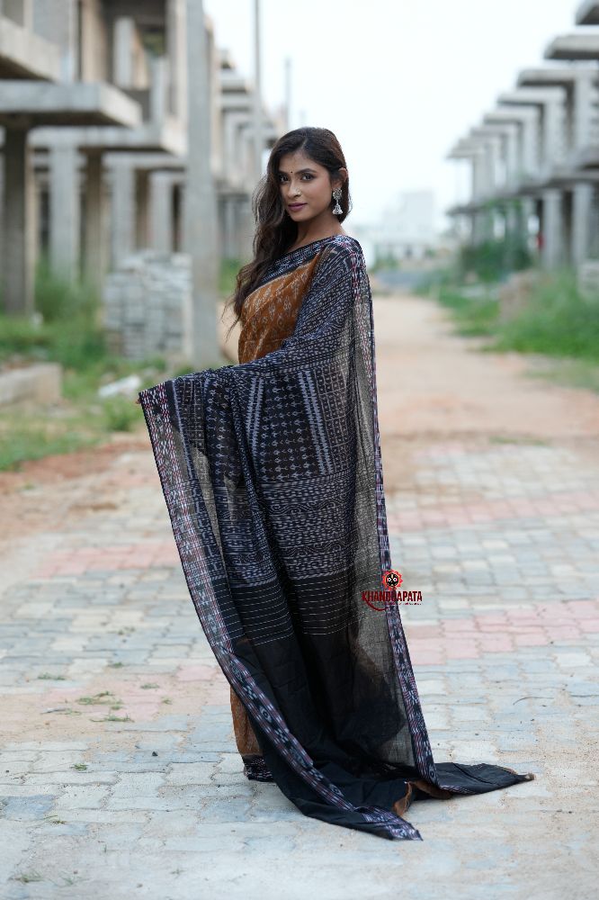 khanduapata Black & Brown Body Design Cotton Saree For Women | Grocsy