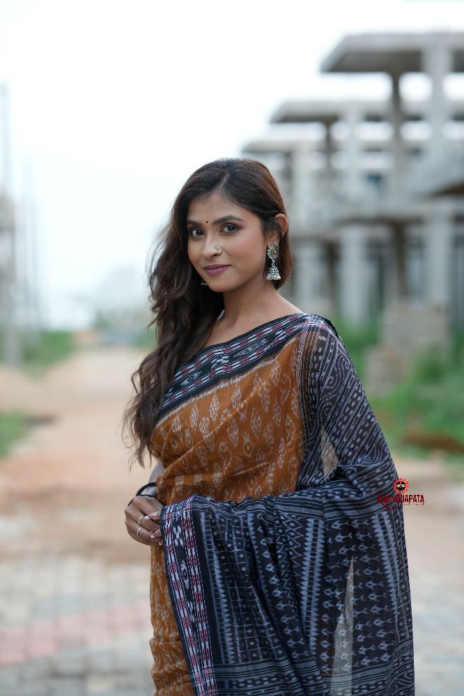 khanduapata Black & Brown Body Design Cotton Saree For Women | Grocsy