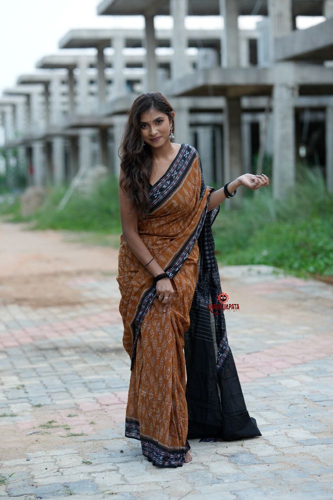 khanduapata Black & Brown Body Design Cotton Saree For Women | Grocsy