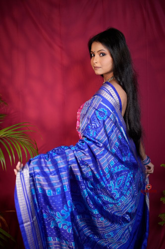 khanduapata Blue & Red Tribal Design Silk Saree For Women | Grocsy