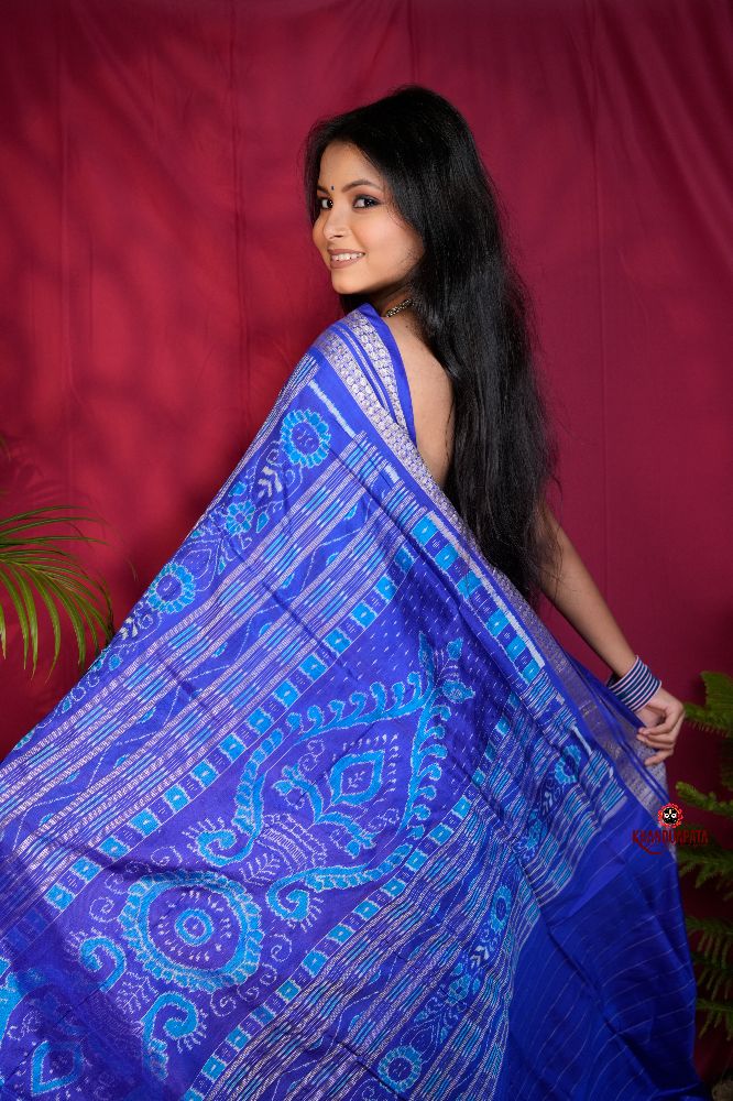 khanduapata Blue & Red Tribal Design Silk Saree For Women | Grocsy
