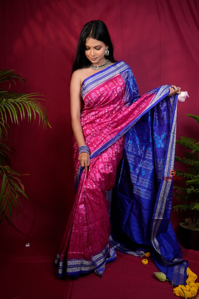 khanduapata Blue & Red Tribal Design Silk Saree For Women | Grocsy