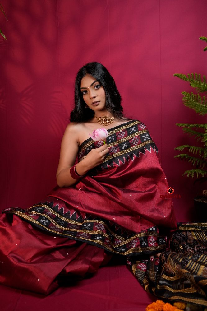 khanduapata Black & Maroon Colour Double Border Dot Design Silk Saree For Women | Grocsy