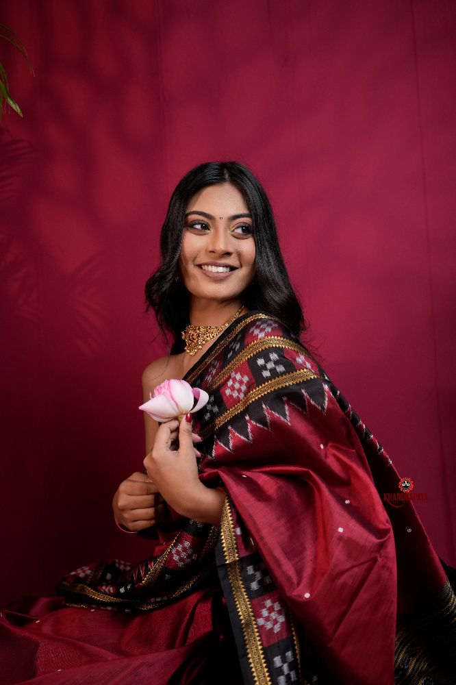 khanduapata Black & Maroon Colour Double Border Dot Design Silk Saree For Women | Grocsy