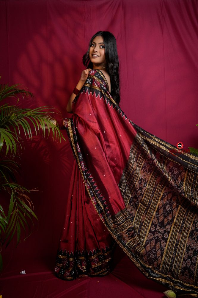 khanduapata Black & Maroon Colour Double Border Dot Design Silk Saree For Women | Grocsy