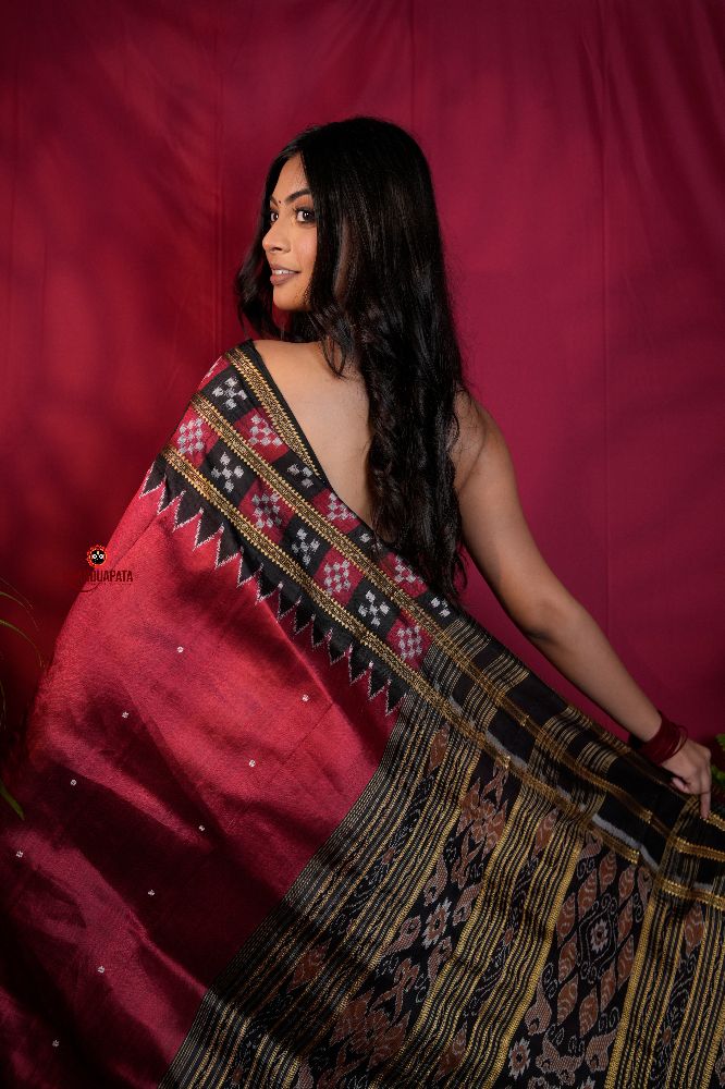 khanduapata Black & Maroon Colour Double Border Dot Design Silk Saree For Women | Grocsy
