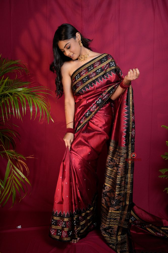 khanduapata Black & Maroon Colour Double Border Dot Design Silk Saree For Women | Grocsy