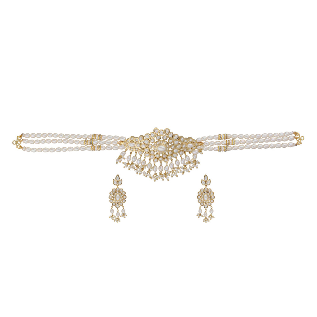 J Pearls Vansha 3 Lines Round Pearl Choker - Real Pearl Jewelry | Grocsy