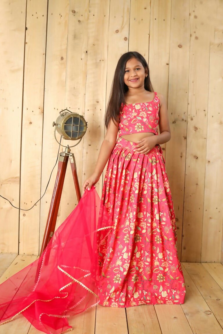 Aayaa Designer Printed Silk Embroidery Kids Lehenga Choli - Pink | Grocsy