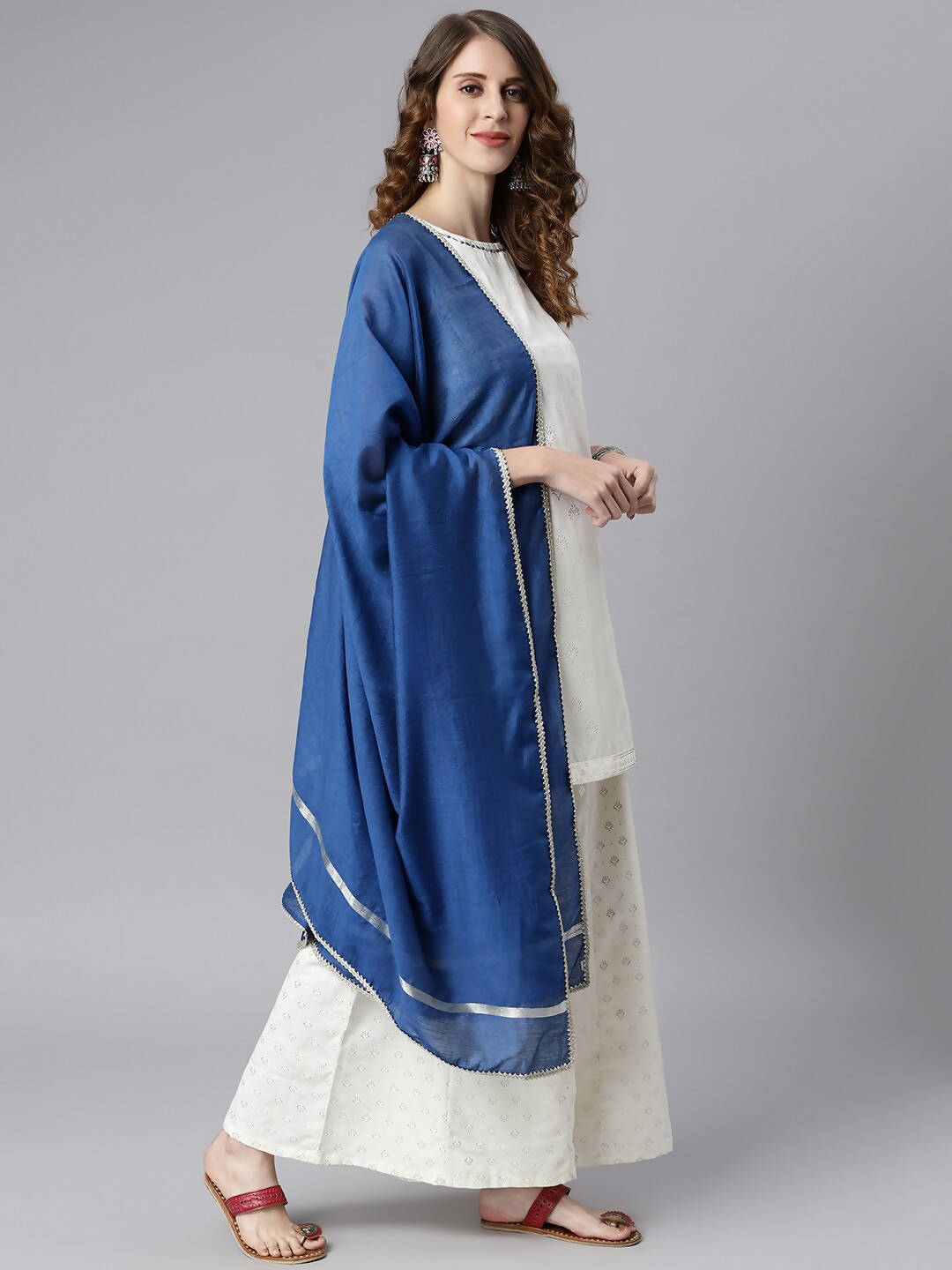 Janasya Women Off White & Silver Printed Kurta with Palazzos & Dupatta | Grocsy
