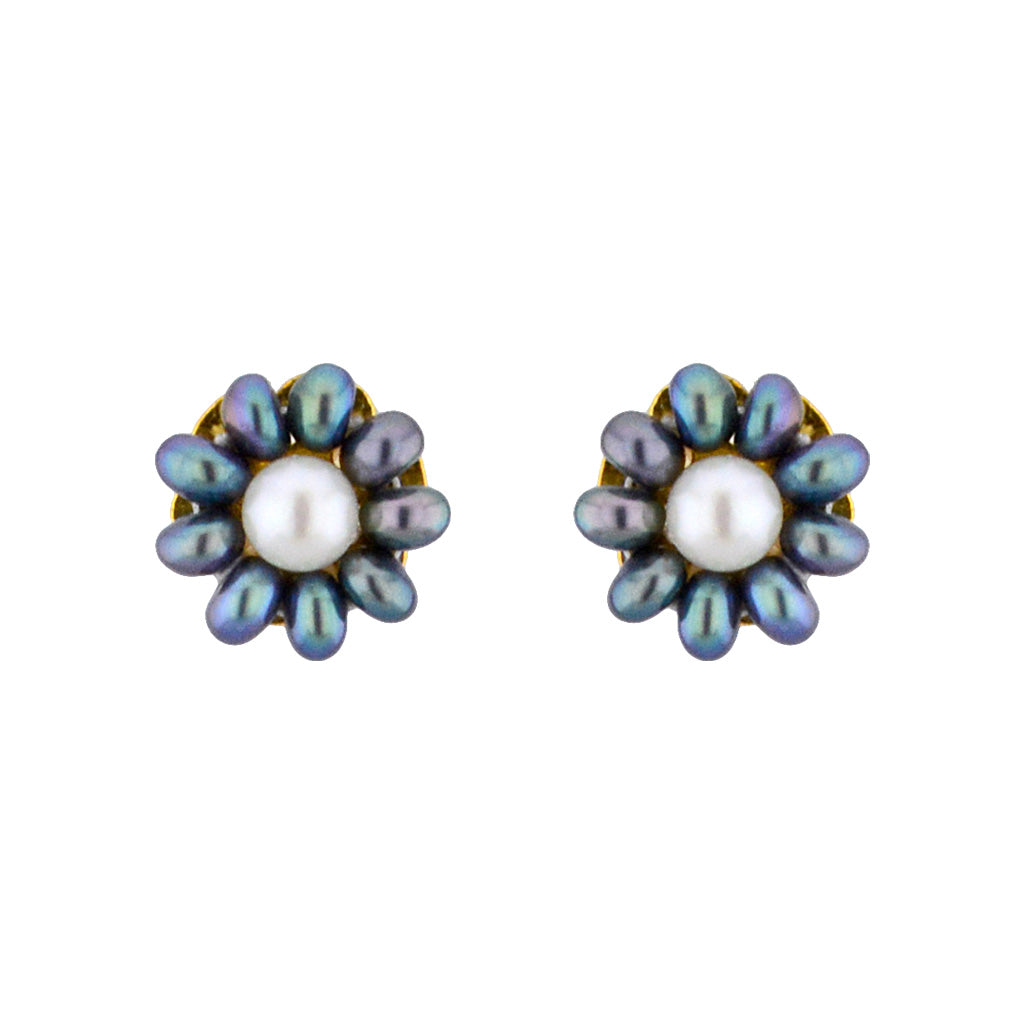 J Pearls Grey Flower Ear Rings - Real Pearl Jewelry