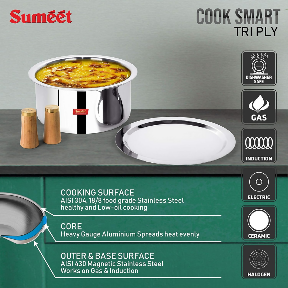 Sumeet Cook Smart TriPly Steel-Aluminium-Steel - 3 Layers Tope with Lid - 22 cm | Grocsy
