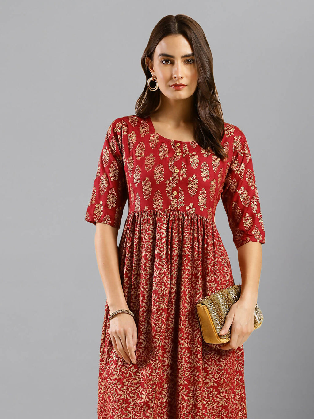 Red Cotton Ethnic Motifs Aline Dress - Poonam | Grocsy