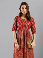 Red Cotton Ethnic Motifs Aline Dress - Poonam | Grocsy
