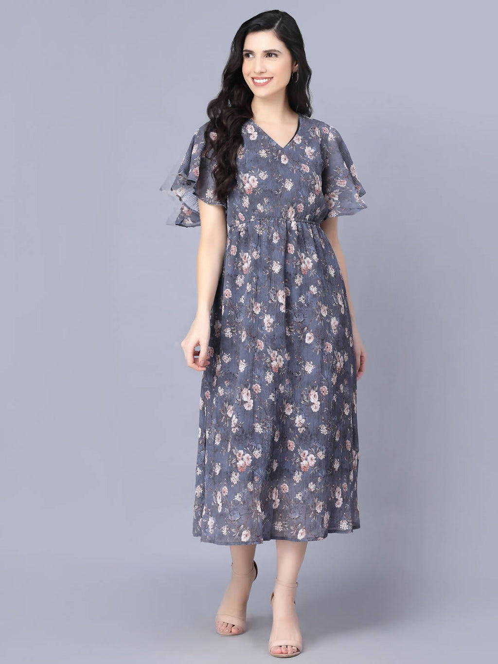 Myshka Women Grey Floral Midi Dress | Grocsy