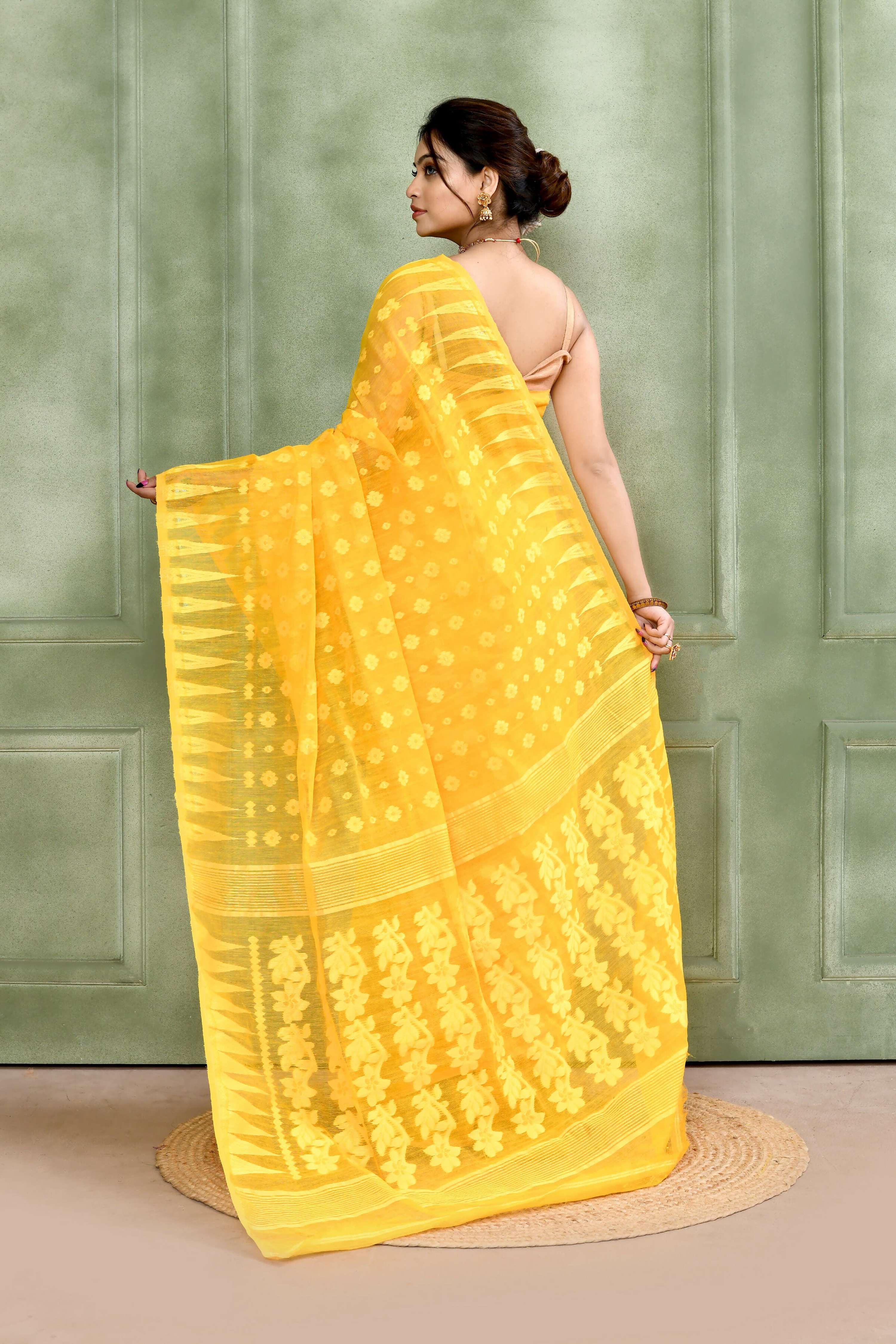 Piyari Fashion Women's Yellow Embellished Cotton Blend Jamdani Saree | Grocsy