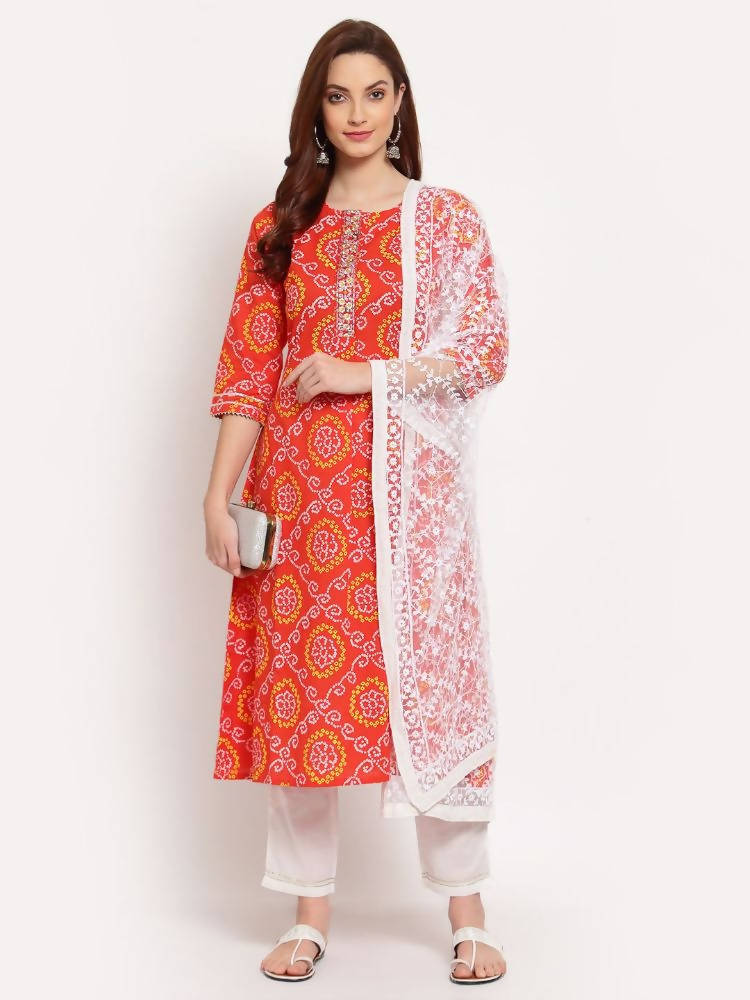 Myshka Women's Orange Printed Cotton 3/4 Sleeve Round Neck Casual Kurta Pant Dupatta Set | Grocsy