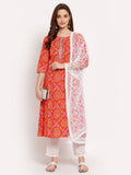 Myshka Women's Orange Printed Cotton 3/4 Sleeve Round Neck Casual Kurta Pant Dupatta Set | Grocsy