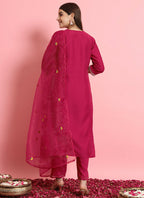 Vellora Rani Pink Embroidered Readymade Suit in Silk Blend for Daily Wear | Grocsy