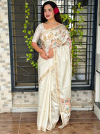 Evanik Off White Tussar Cotton With Hand Mirror Work Saree With Unstitched Blouse | Grocsy