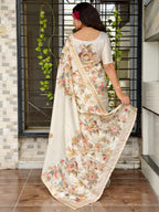 Evanik Off White Tussar Cotton With Hand Mirror Work Saree With Unstitched Blouse | Grocsy