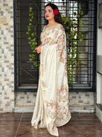 Evanik Off White Tussar Cotton With Hand Mirror Work Saree With Unstitched Blouse | Grocsy