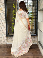 Evanik Off White Tussar Cotton With Hand Mirror Work Saree With Unstitched Blouse | Grocsy