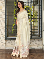 Evanik Off White Tussar Cotton With Hand Mirror Work Saree With Unstitched Blouse | Grocsy