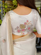 Evanik Off White Tussar Cotton With Hand Mirror Work Saree With Unstitched Blouse | Grocsy